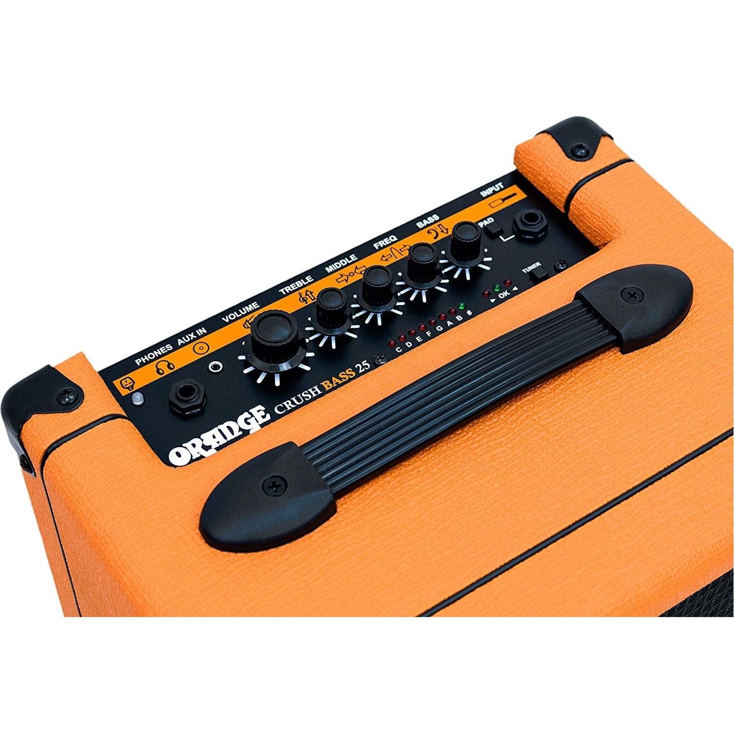 Orange Crush Bass 25 Guitar Combo Amp Bundle with 10ft Orange Woven Instrument Cable and Liquid Audio Polishing Cloth 1x8” 25 Watts, 3 Band EQ & Integrated Chromatic Tuner