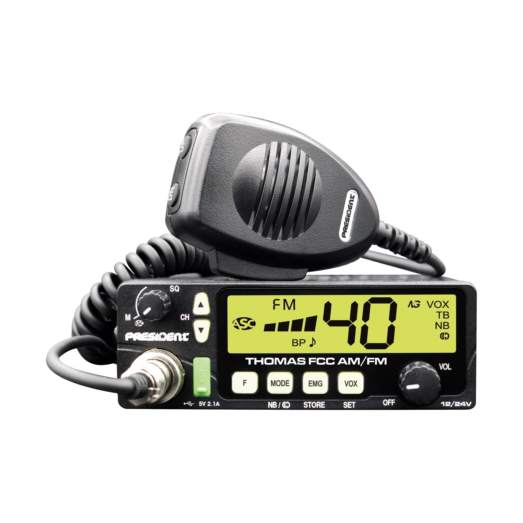 President Electronics Thomas FCC 40-Channel AM/FM Radio, Black; 12/24 V, Up/Down Channel Selector, Volume Adjustment, Manual Squelch and ASC, Multi-Functions LCD Display, Mode Switch AM/FM