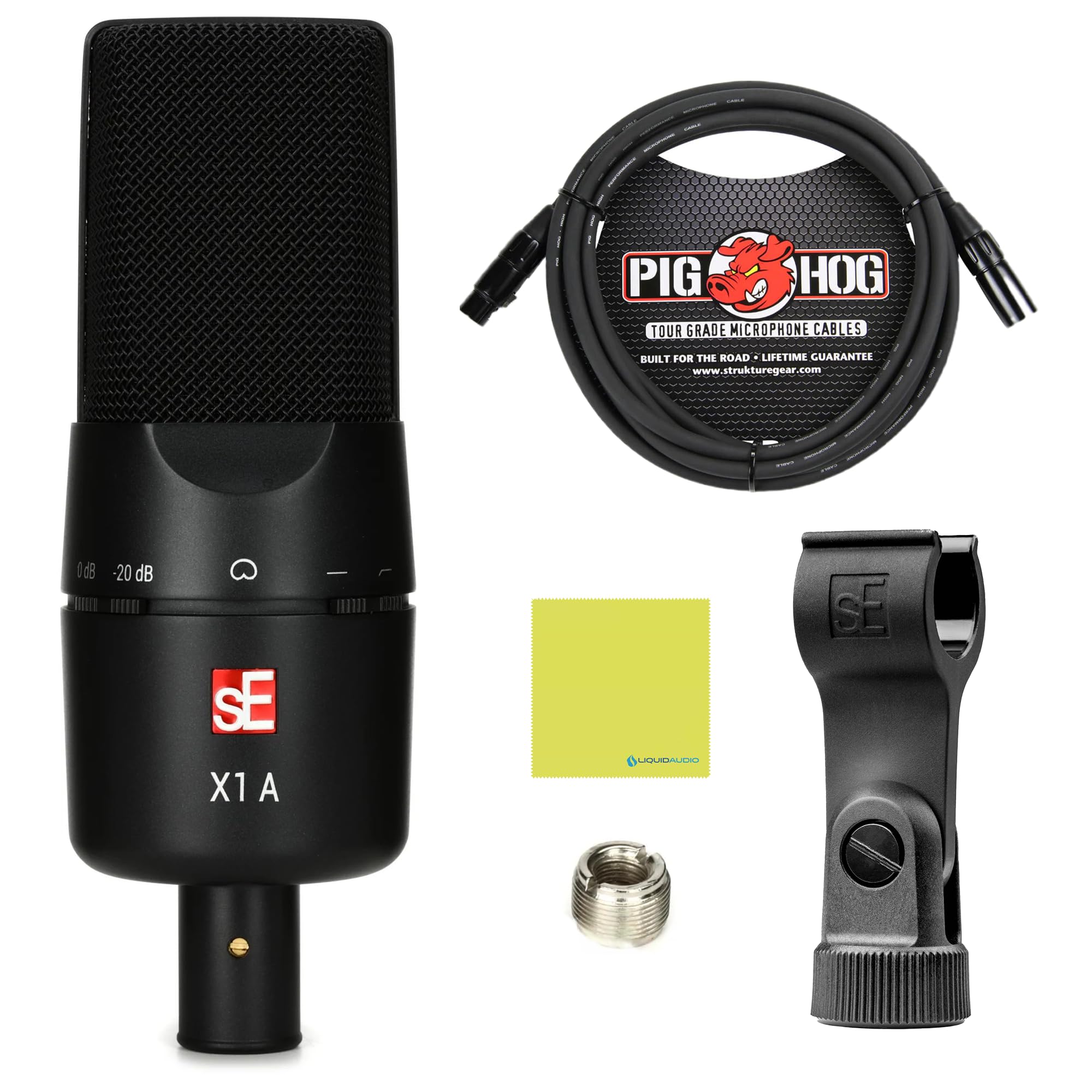 Liquid Audio sE Electronics X1 A Large-diaphragm Condenser Microphone Bundle w/Pig Hog PHM10 8mm Mic Cable Polishing Cloth