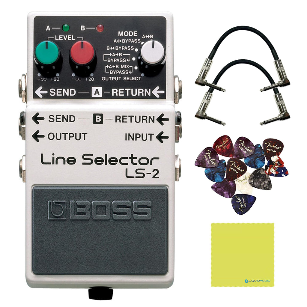 Boss LS-2 Line Selector Pedal Bundle w/ 2-Pack Strukture S6P48 Woven Right Angle Patch Cable, 12-Pack Guitar Pick and Liquid Audio Polishing Cloth