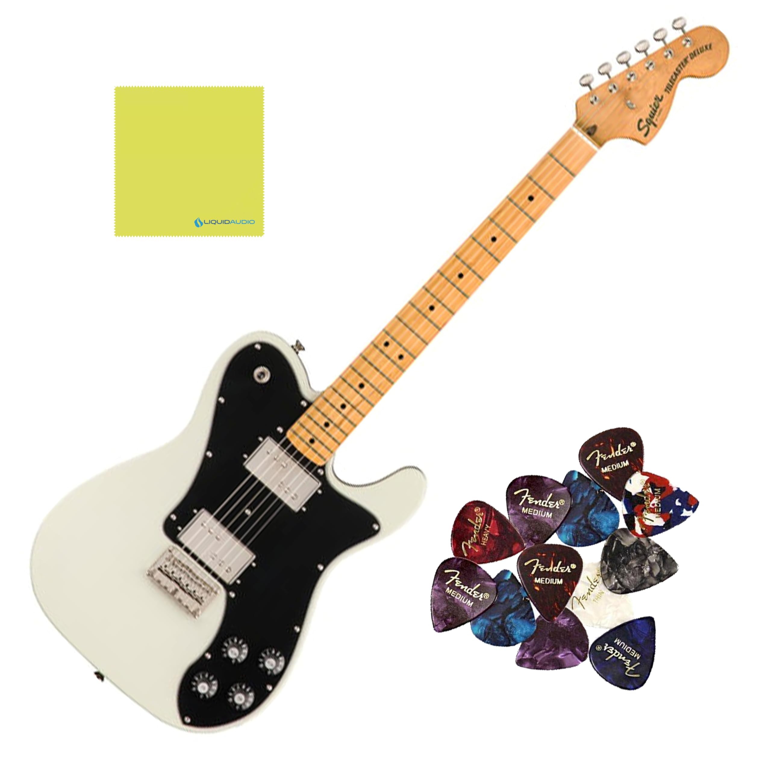 Squier Classic Vibe '70s Telecaster® Deluxe, Maple Fingerboard, Olympic White - 0374060505 Bundle w/ 12-Pack Guitar Pick and Liquid Audio Polishing Cloth