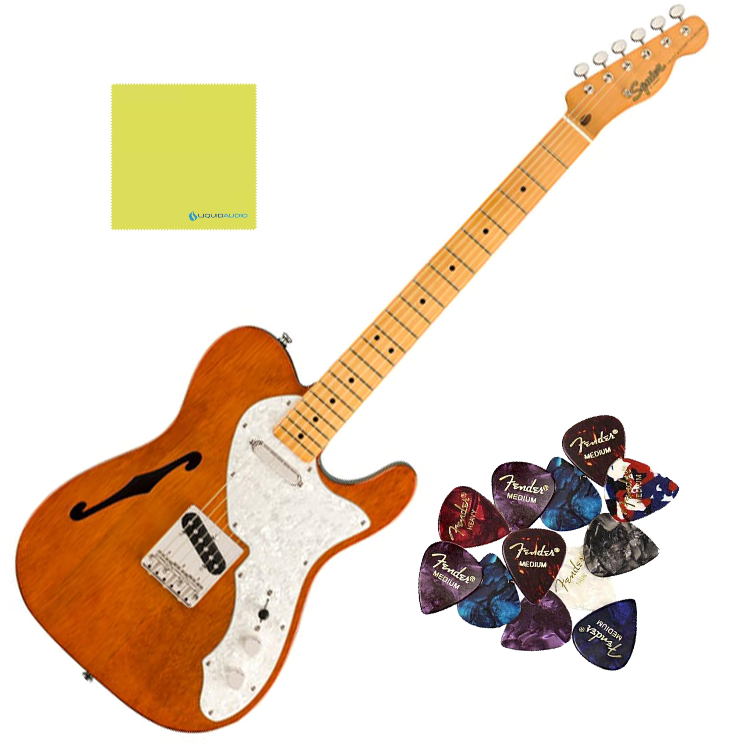 Squier Classic Vibe '60s Telecaster Thinline®, Maple Fingerboard, Natural - 0374067521 Bundle w/ 12-Pack Guitar Pick and Liquid Audio Polishing Cloth