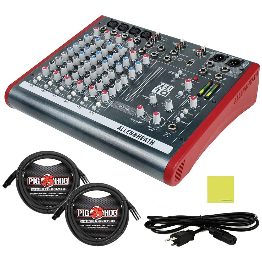 Allen & Heath ZED10 4 Channel Mixer Multipurpose for Live Sound and Recording Bundle with 2x Pig Hog PHM15 8mm XLR Microphone Cable, Power Cable & Liquid Audio Polishing Cloth