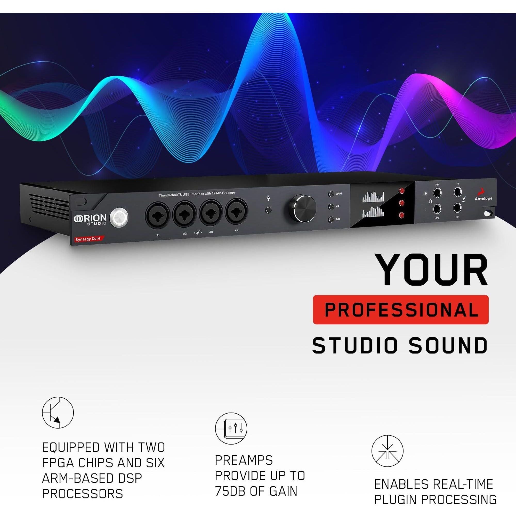 Orion Studio Synergy Core Thunderbolt 3 Interface and USB Audio Interface with 12 Discrete Preamps and 6 DSP + 2 FPGA FX Processors for Audio Recording - Antelope Audio