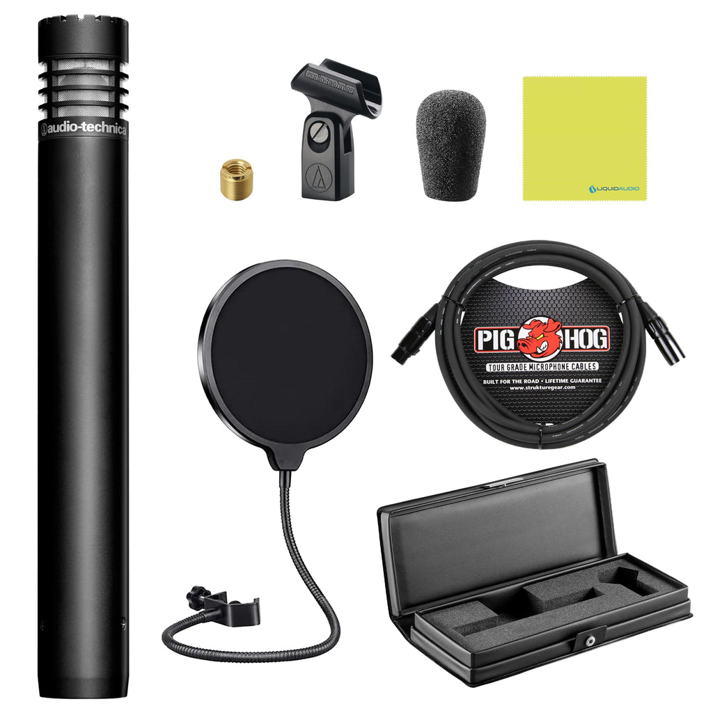 Liquid Audio Audio Technica AT4053B Hypercardioid Condenser Microphone Bundle w/Pig Hog PHM10 8mm XLR Mic Cable, Pop Filter Polishing Cloth