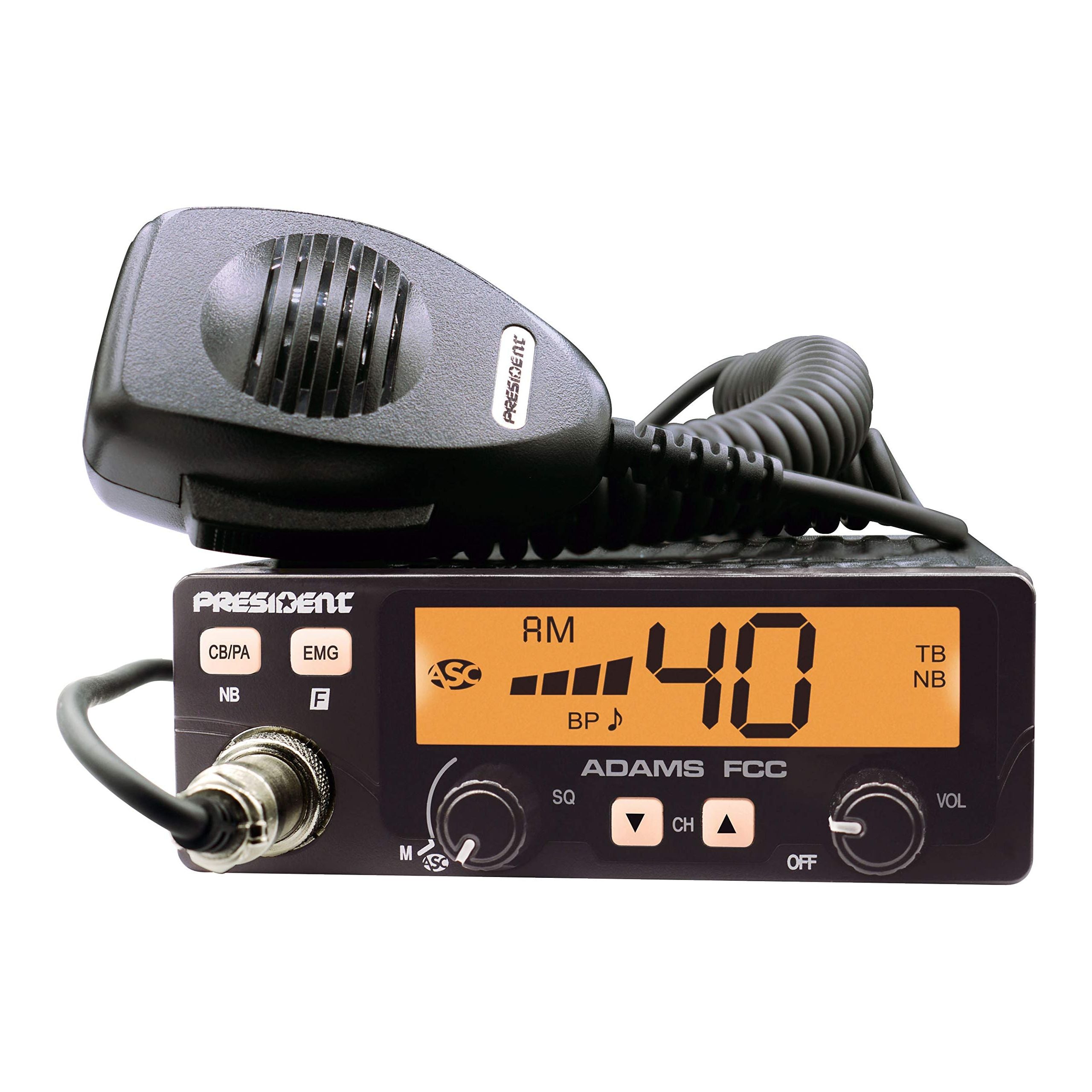 President Adams FCC CB Radio. Large LCD with 7 Colors, Programmable EMG Channel Shortcuts, Roger Beep and Key Beep, Electret or Dynamic Mic, ASC and Manual Squelch, Talkback