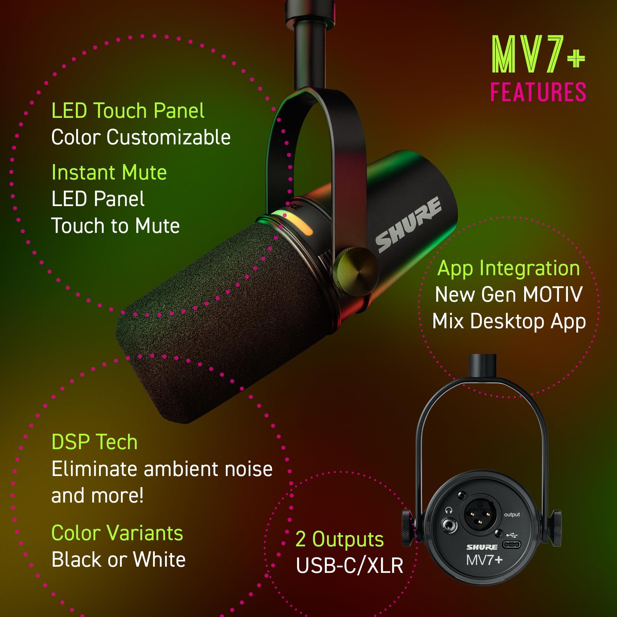 Shure MV7+ Podcast Microphone. Enhanced Audio, LED Touch Panel, USB-C & XLR Output