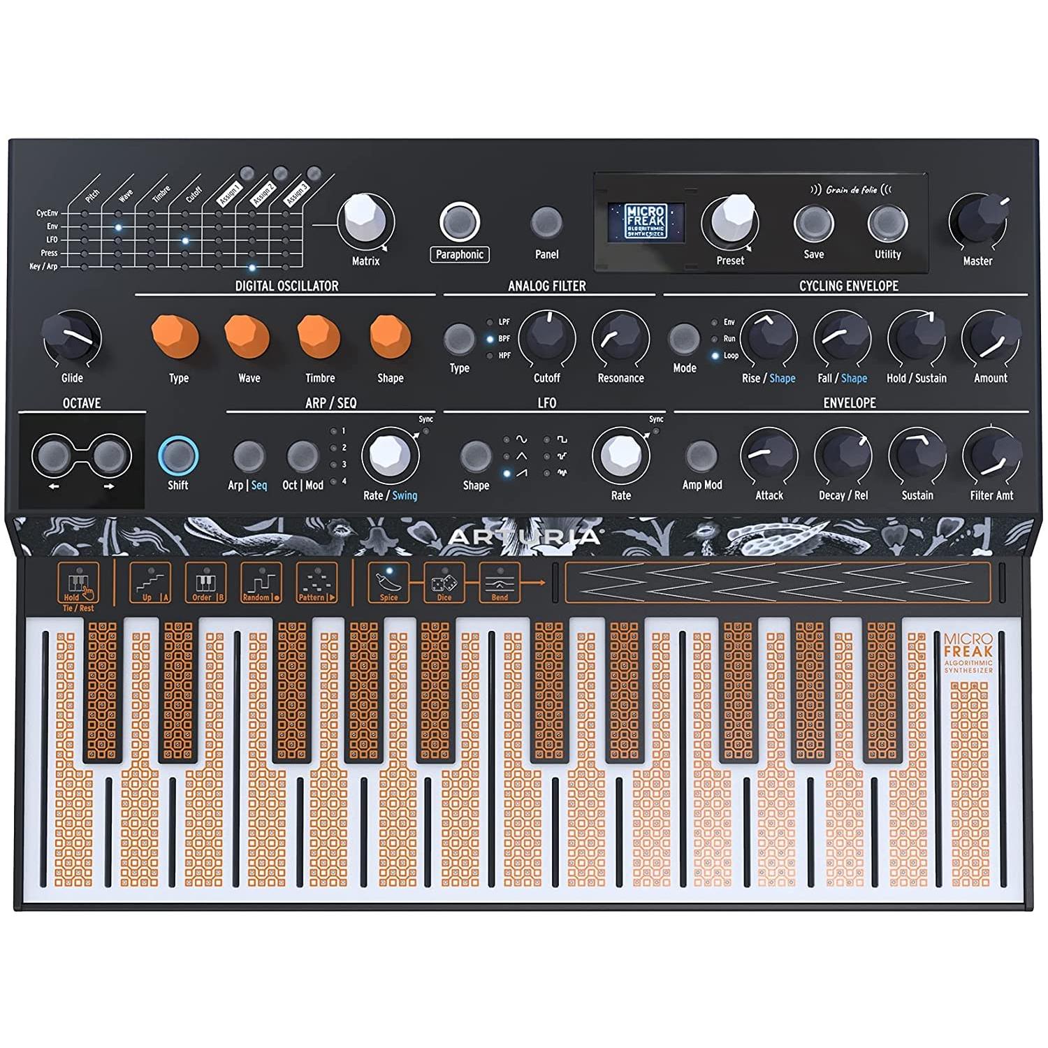 Arturia MICROFREAK Synthesizer Keyboard BUNDLE with Arturia Gooseneck Mic, 6ft Pig Hog MIDI Cable, Power Adapter, 2X MIDI Adapters & Polishing Cloth - Analog Synth, Synthesizer & Workstation Keyboards