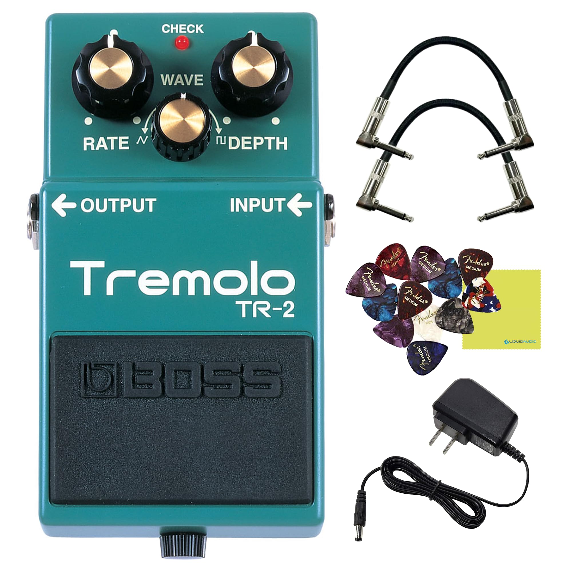 Boss TR-2 Tremolo Pedal Bundle w/ 2-Pack Strukture S6P48 Woven Right Angle Patch Cable, 12-Pack Guitar Pick, 9V Power Adapter and Liquid Audio Polishing Cloth