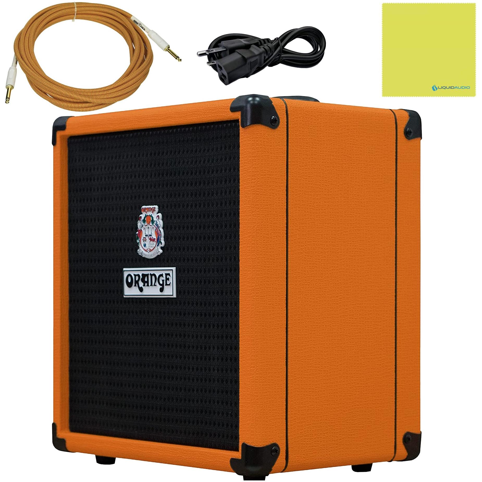 Orange Crush Bass 25 Guitar Combo Amp Bundle with 10ft Orange Woven Instrument Cable and Liquid Audio Polishing Cloth 1x8” 25 Watts, 3 Band EQ & Integrated Chromatic Tuner