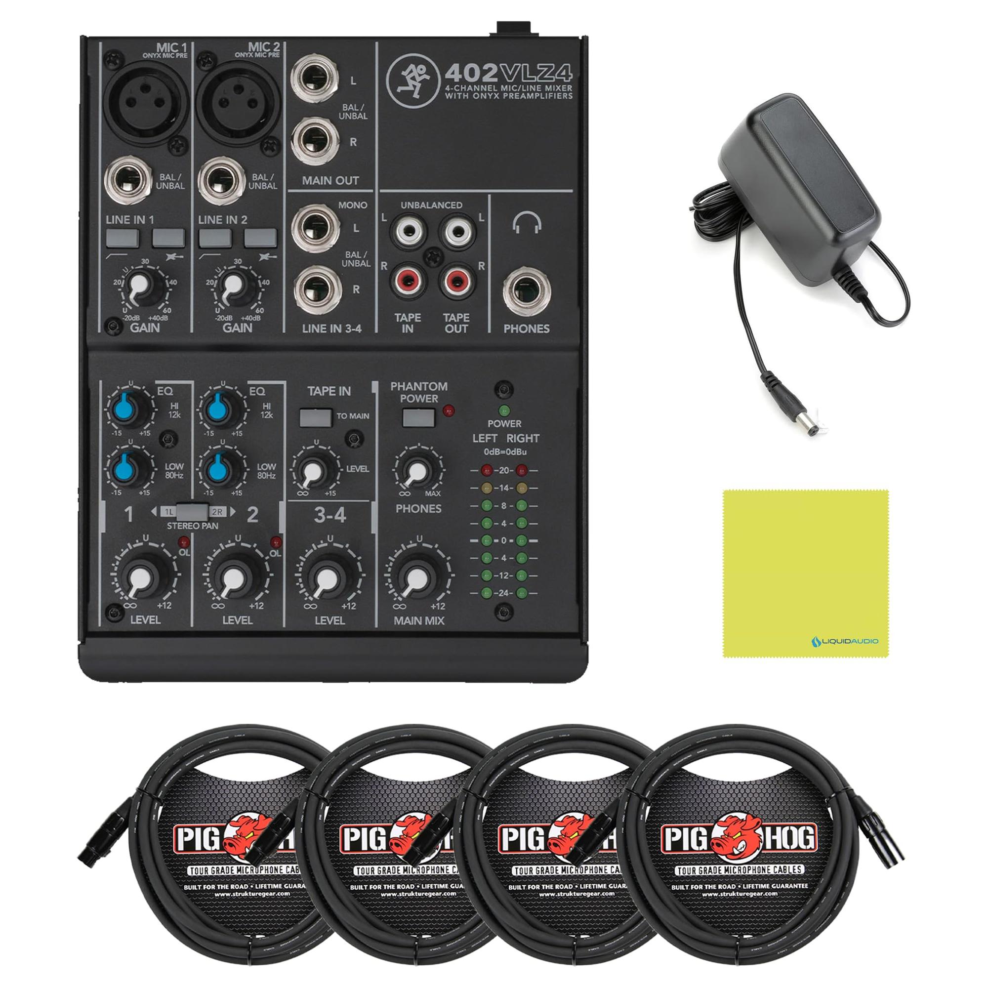 Mackie 402VLZ4 4-Channel Ultra-Compact Analog Mixer Bundle w/ 4-Pack Pig Hog PHM10 8mm Mic Cable and Liquid Audio Polishing Cloth