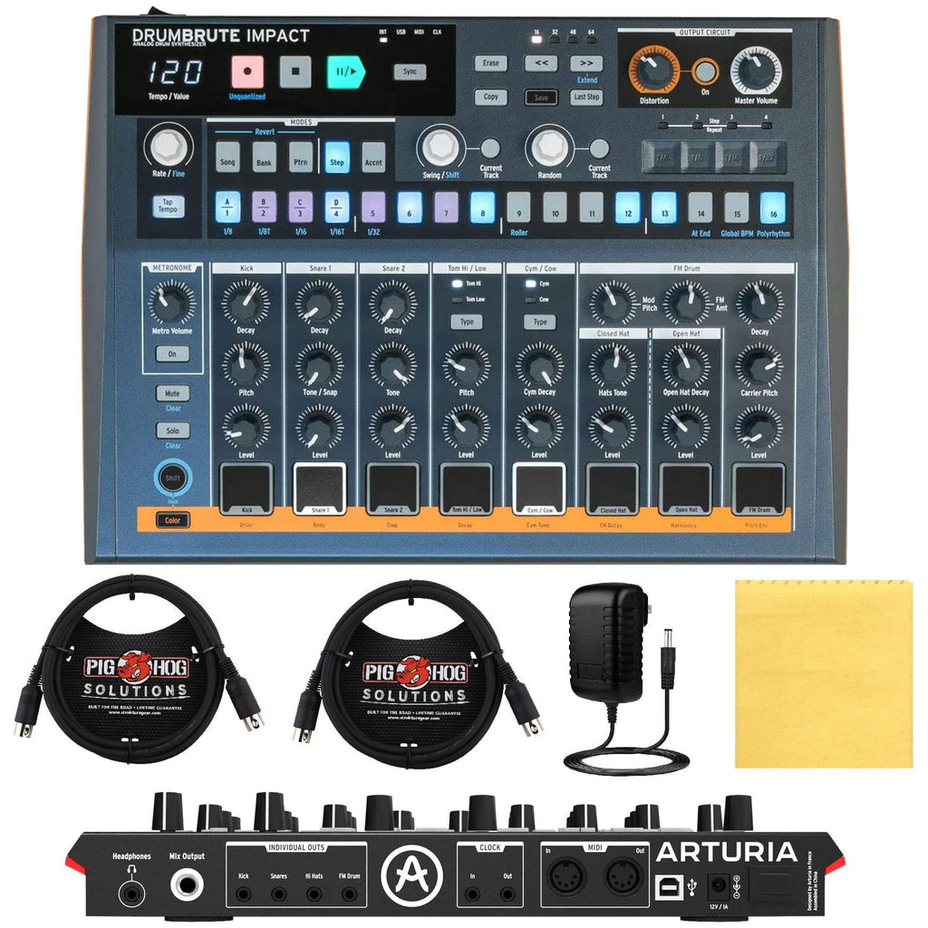 Arturia DrumBrute Impact Analog Drum Machine BUNDLE with 2x Pig Hog MIDI Cable 6ft, Power Supply, and Polishing Cloth - Beat Making Equipment with 10 Drum Sounds, 64 Patterns with 64 Steps