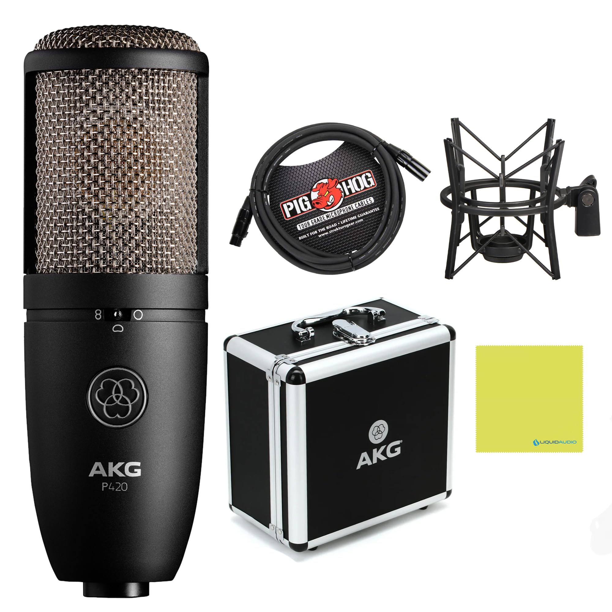 Liquid Audio AKG P420 Large-Diaphragm Condenser Microphone Bundle w/Pig Hog PHM10 8mm Mic Cable Polishing Cloth