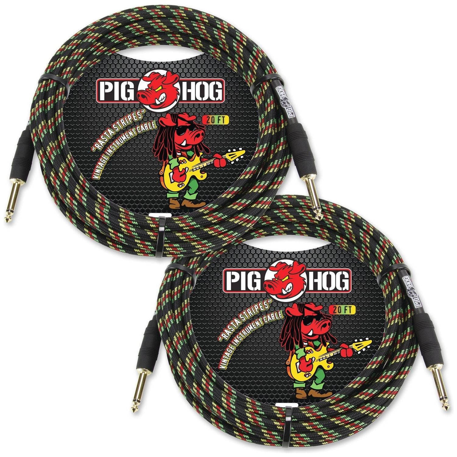 2-Pack Pig Hog PCH20RA "Rasta Stripes" Vintage Instrument Cable, 20ft