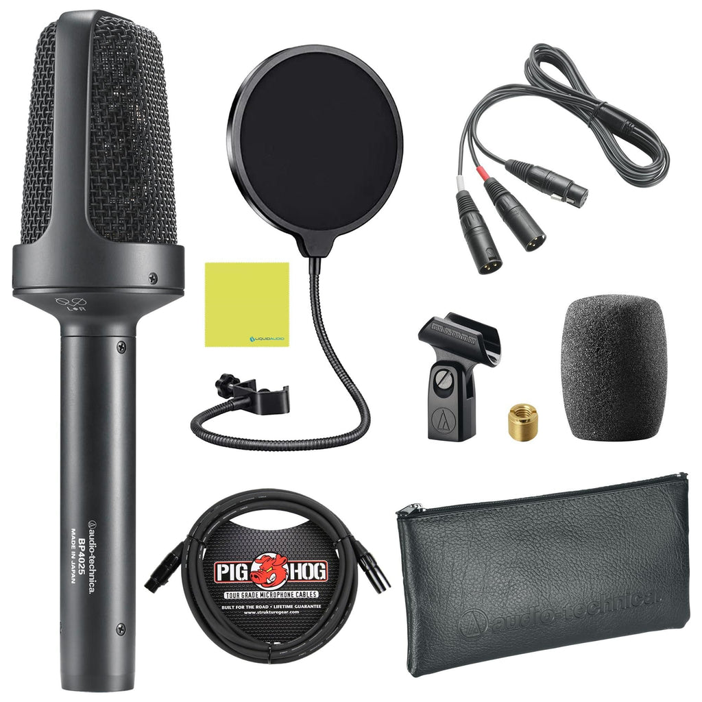 Liquid Audio Audio Technica BP4025 X/Y Stereo Field Recording Microphone Bundle w/Pig Hog PHM10 8mm XLR Mic Cable, Pop Filter Polishing Cloth