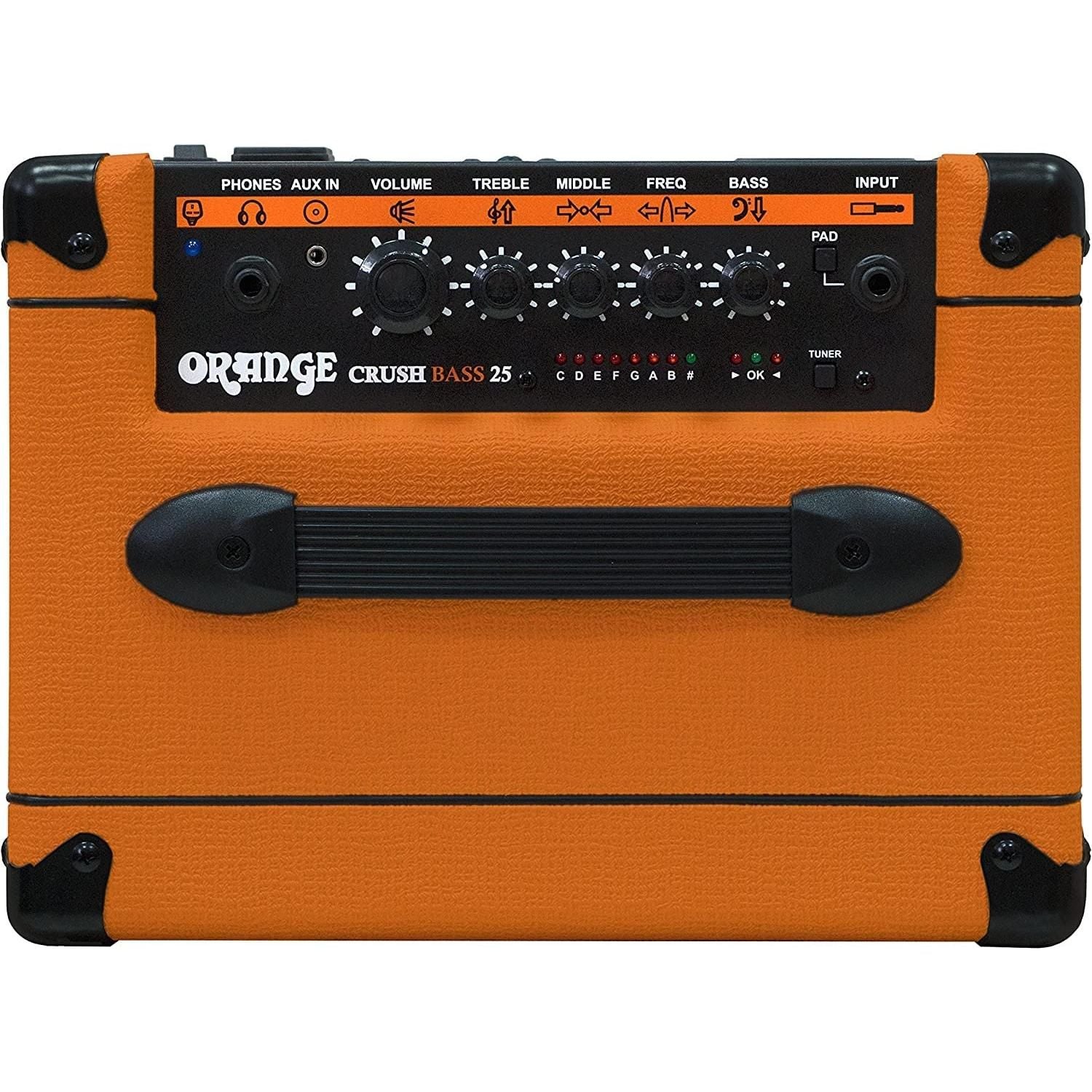 Orange Crush Bass 25 Guitar Combo Amp Bundle with 10ft Orange Woven Instrument Cable and Liquid Audio Polishing Cloth 1x8” 25 Watts, 3 Band EQ & Integrated Chromatic Tuner