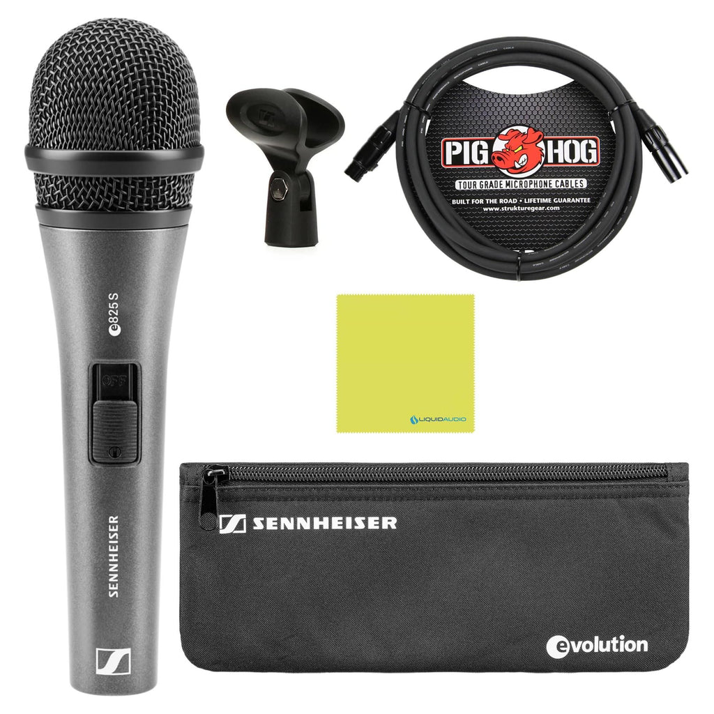 Liquid Audio Sennheiser E825-S Cardioid Dynamic Vocal Microphone Bundle w/Pig Hog PHM10 8mm Mic Cable Polishing Cloth