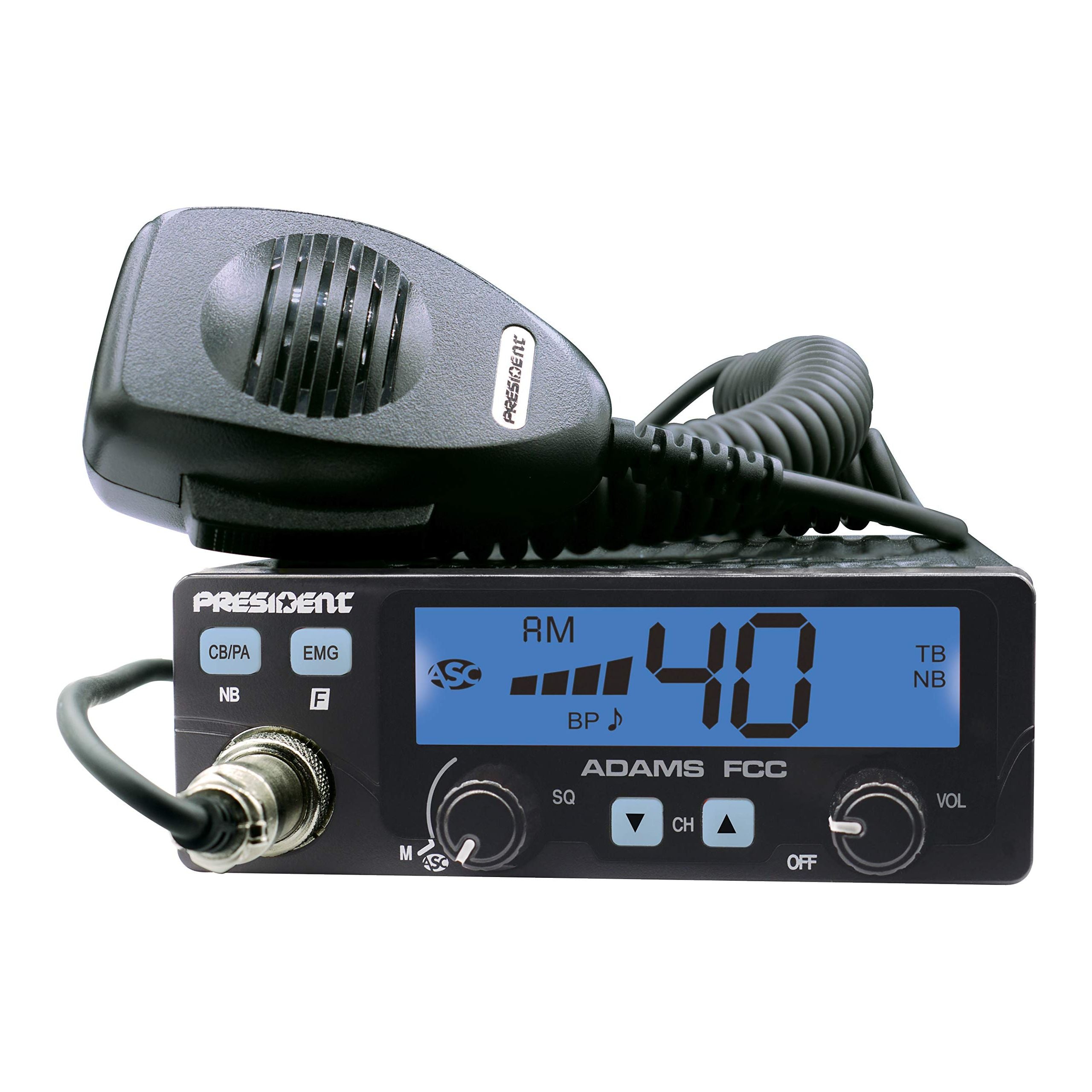 President Adams FCC CB Radio. Large LCD with 7 Colors, Programmable EMG Channel Shortcuts, Roger Beep and Key Beep, Electret or Dynamic Mic, ASC and Manual Squelch, Talkback