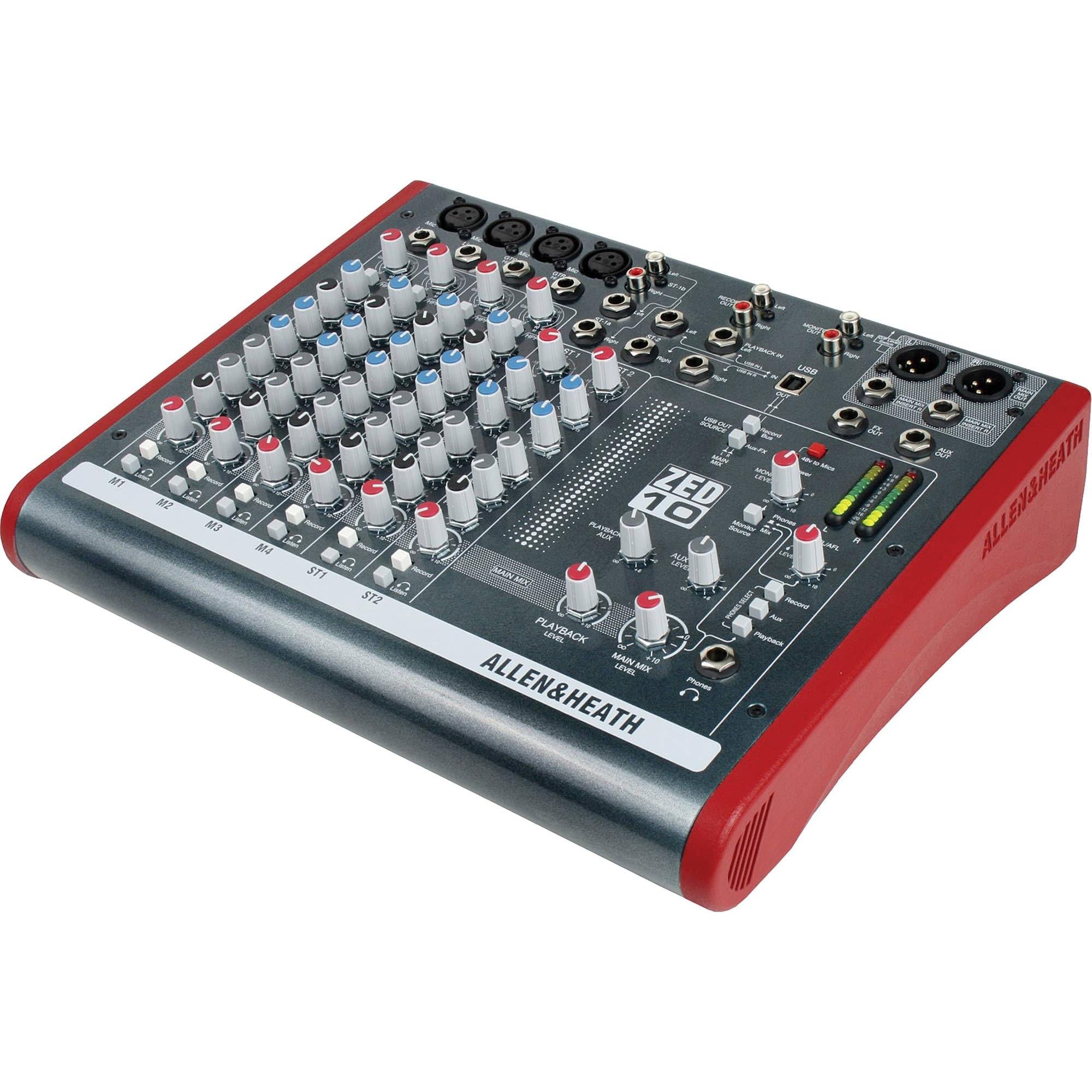 Allen & Heath ZED10 4 Channel Mixer Multipurpose for Live Sound and Recording Bundle with 2x Pig Hog PHM15 8mm XLR Microphone Cable, Power Cable & Liquid Audio Polishing Cloth