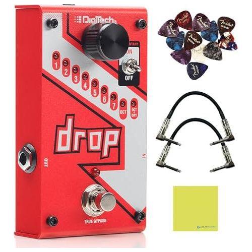 KMC Digitech DROP The Drop Polyphonic Drop Tune Pedal Bundle w/2x Strukture S6P48 Woven Right Angle Patch Cables, 12x Guitar Picks and Liquid Audio Polishing Cloth