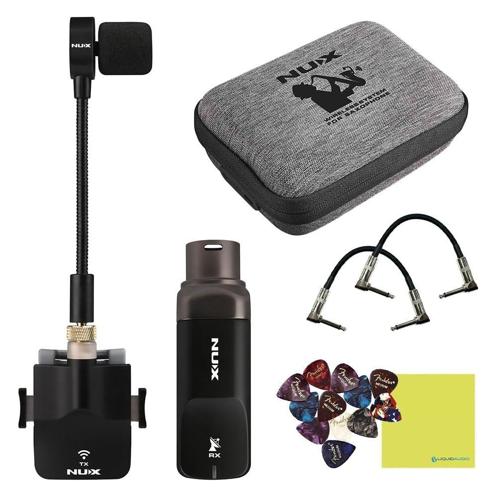 NUX B-6S Saxophone Wireless System with Charging Case Bundle w/ 2x Strukture S6P48 Woven Right Angle Patch Cables, 12x Picks and Liquid Audio Polishing Cloth