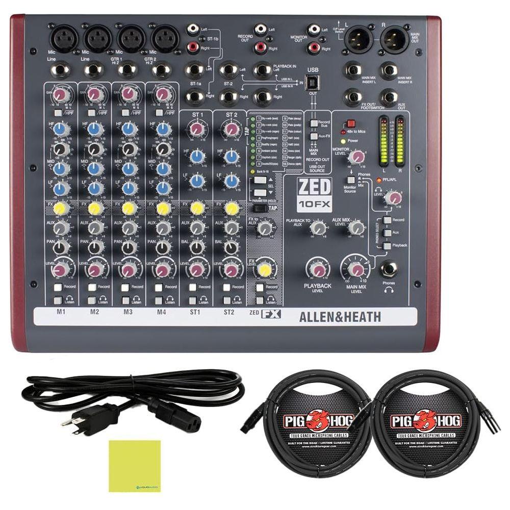 Allen & Heath AH-ZED10FX Multipurpose Mixer for Live Sound and Recording Bundle w/ 2-Pack Pig Hog PHM15 8mm XLR Mic Cable, Power Cable & Liquid Audio Polishing Cloth