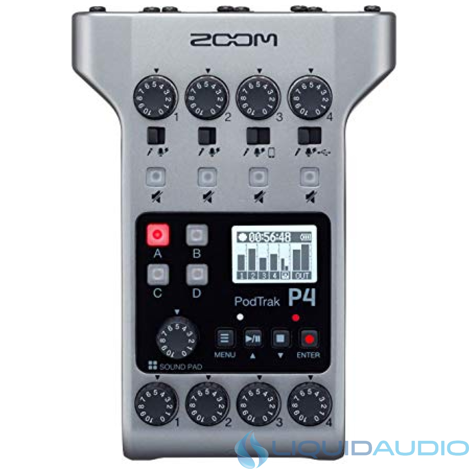 Zoom PodTrak P4 Podcast Recorder, Battery Powered, 4 Microphone Inputs, 4 Headphone Outputs, Phone Input, Sound Pads, Record to SD card, Audio Interface Mode