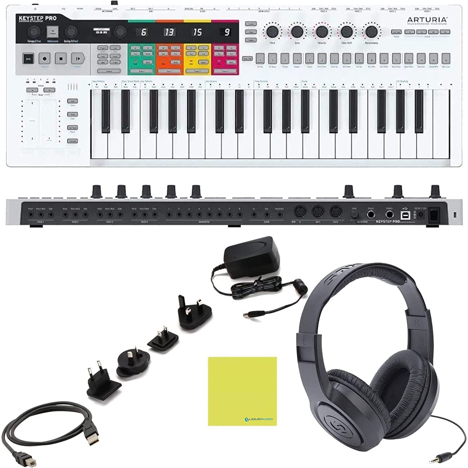 Arturia KeyStep Pro 37-Key Keyboard Controller & Sequencer Bundle w/ Samson Headphones, Power Adapter & Liquid Audio Polishing Cloth (4 Items)