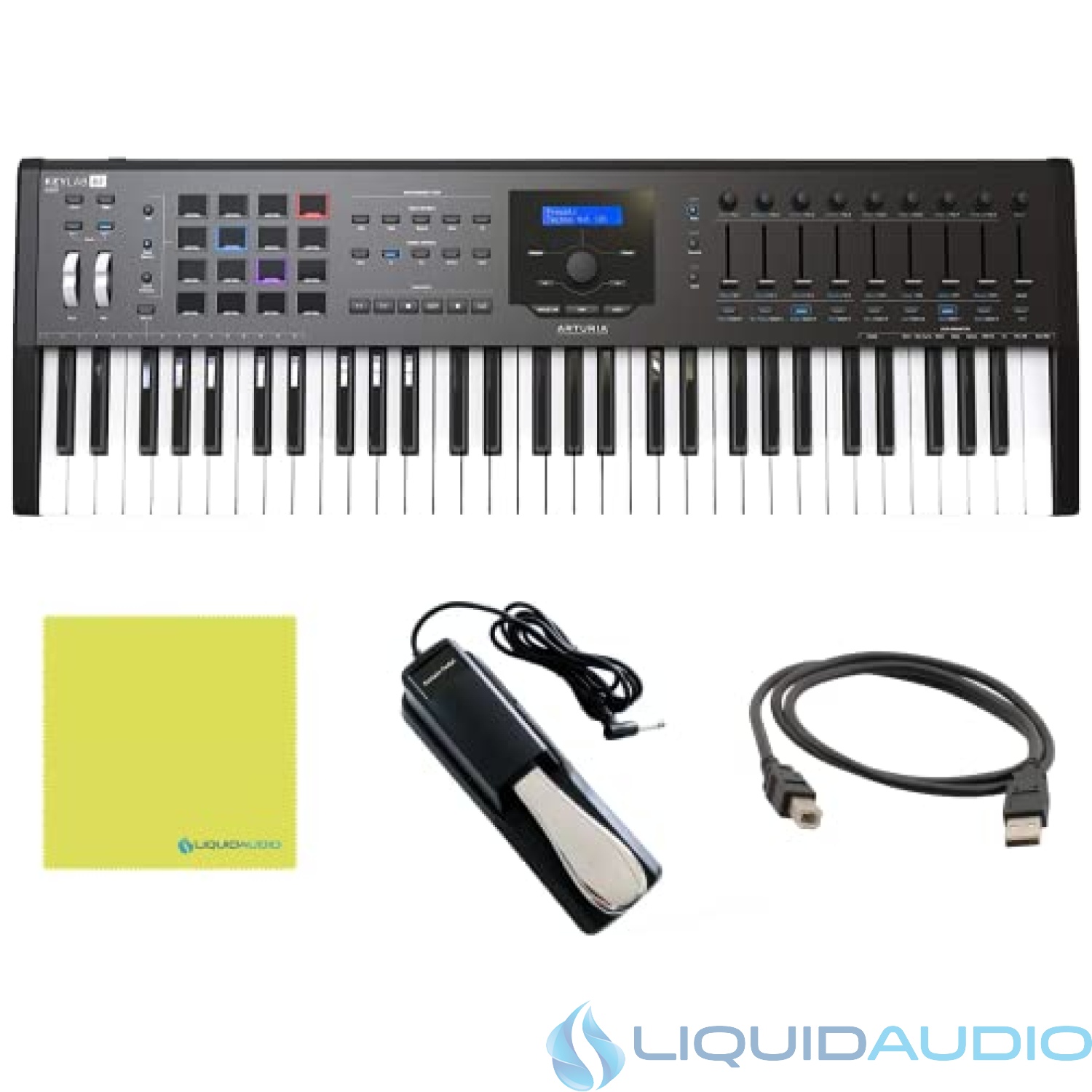 Arturia KeyLab 61 MKII Black 61-key Keyboard Controller Bundle w/ Deluxe Sustain Pedal, USB Cable & Liquid Audio Polishing Cloth (4 Items) (Black)