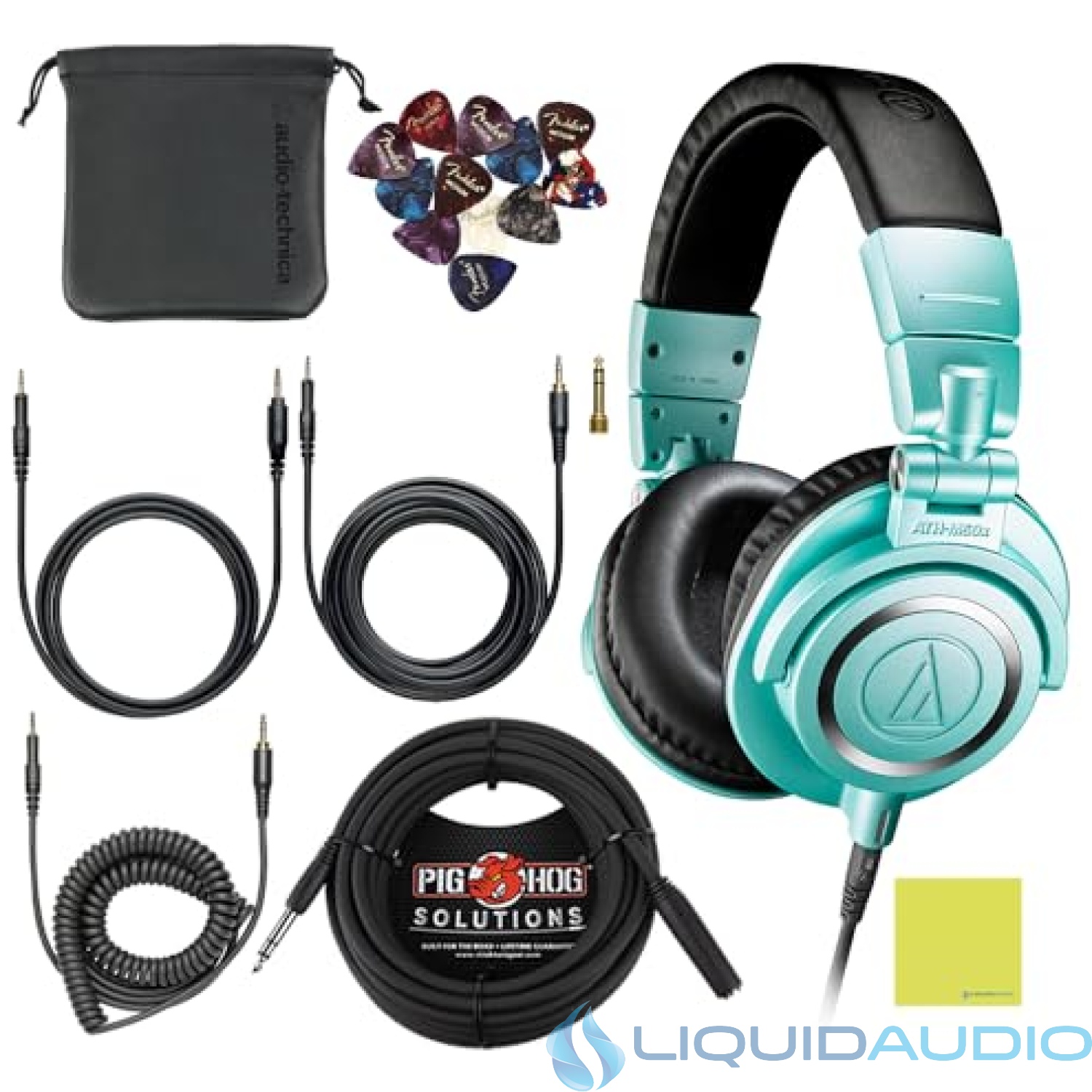 Audio Technica ATH-M50X Professional Studio Monitor Headphones Ice Blue Bundle w/Pig hog 25 Extension Cable & Liquid Polishing Cloth with Detachable Cable