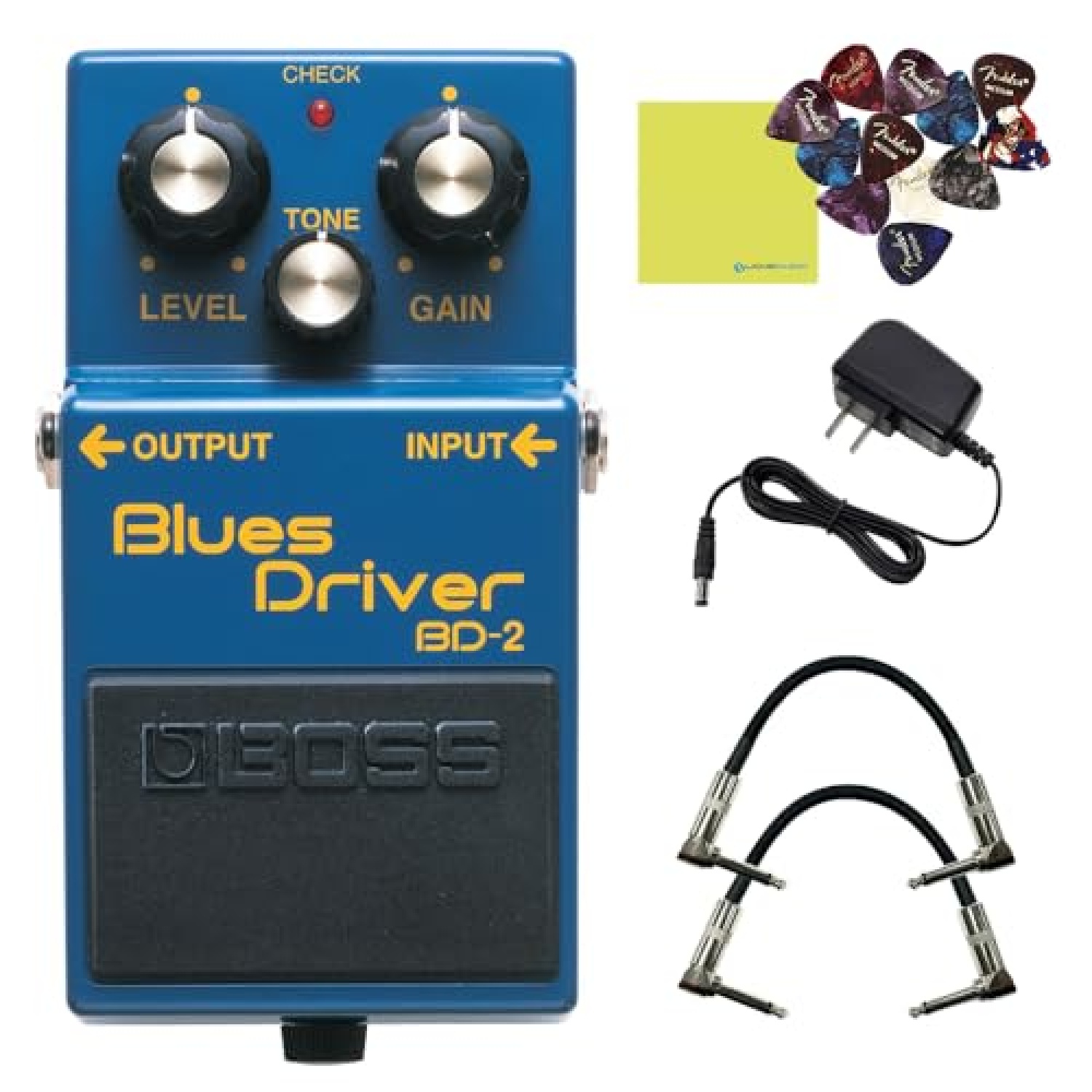 Boss BD-2 Blues Driver Effects Pedal Bundle w/2x Strukture S6P48 Woven Right Angle Patch Cables, 12x Guitar Picks, 9V Power Adapter and Liquid Audio Polishing Cloth