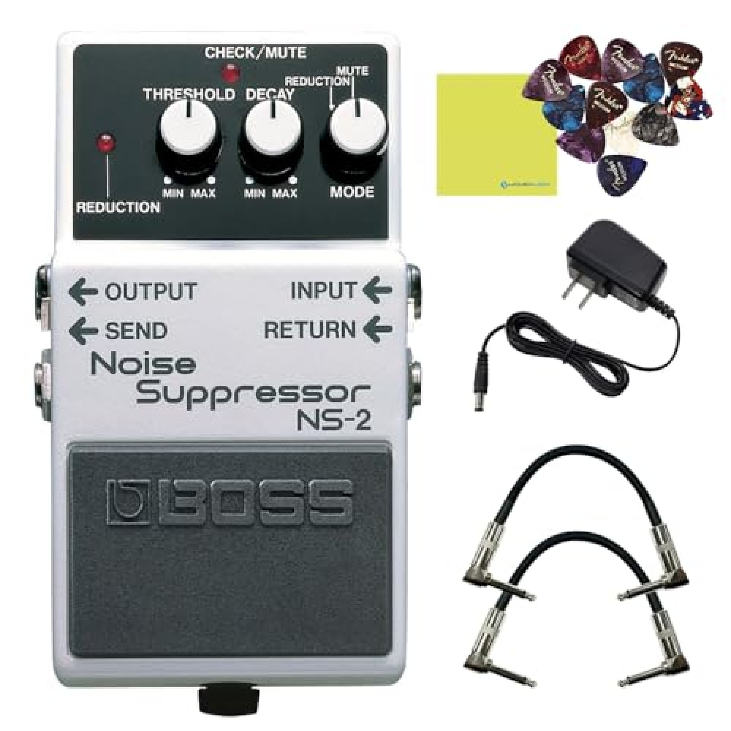 Boss NS-2 Noise Suppressor Pedal Bundle w/2x Strukture S6P48 Woven Right Angle Patch Cables, 12x Guitar Picks, 9V Power Adapter and Liquid Audio Polishing Cloth