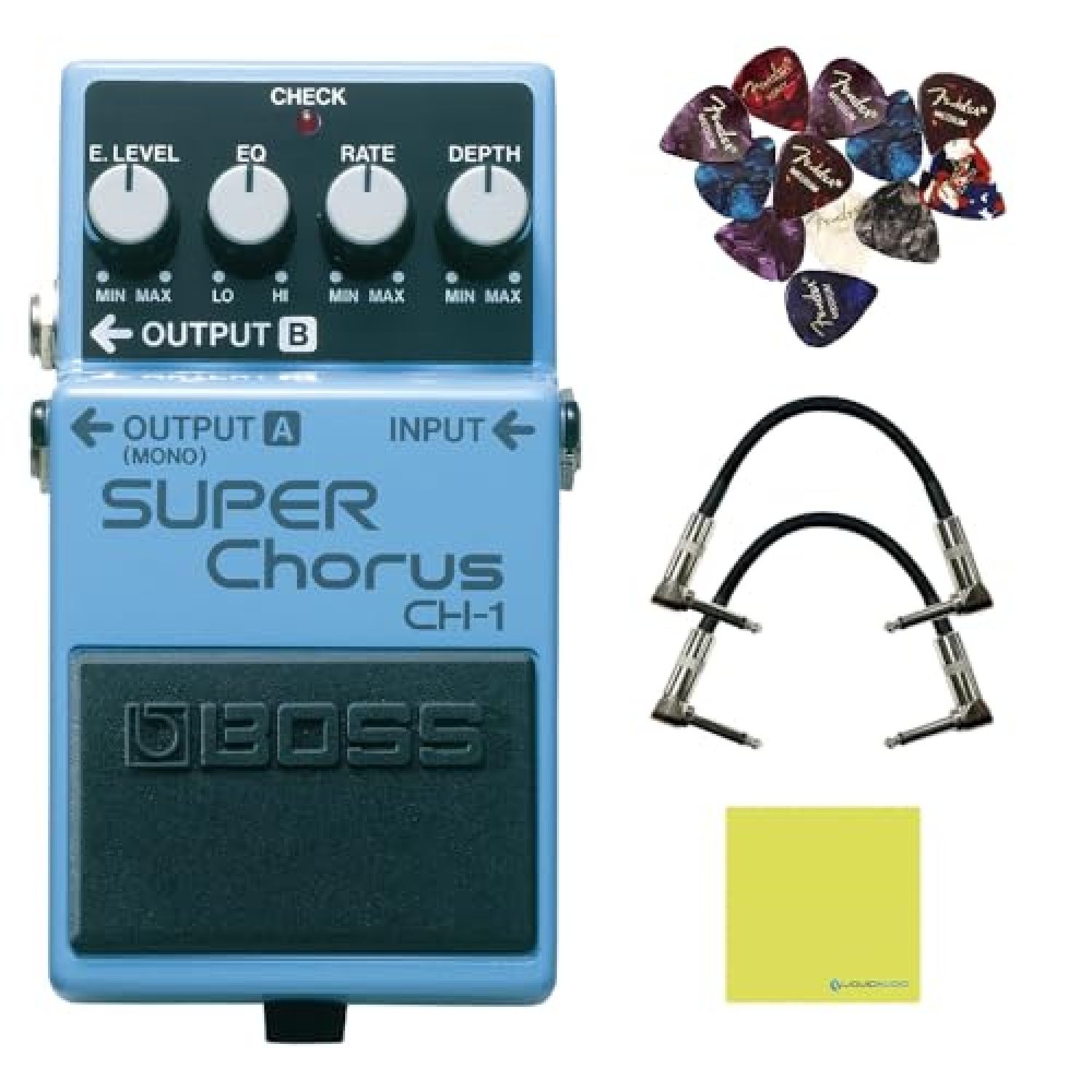 Boss CH-1 Unique Stereo Super Chorus Pedal Bundle w/2x Strukture S6P48 Woven Right Angle Patch Cables, 12x Guitar Picks and Liquid Audio Polishing Cloth