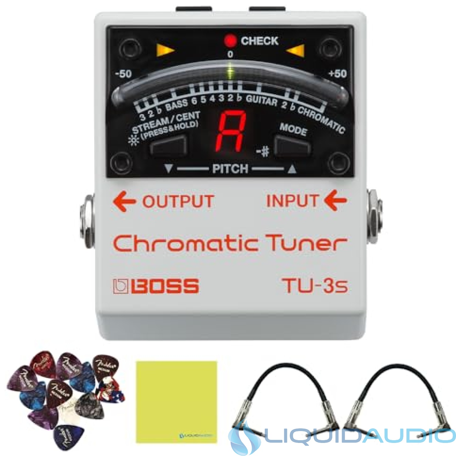 Boss TU-3S Chromatic Tuner Pedal Bundle w/2x Strukture S6P48 Woven Right Angle Patch Cables, 12x Guitar Picks and Liquid Audio Polishing Cloth