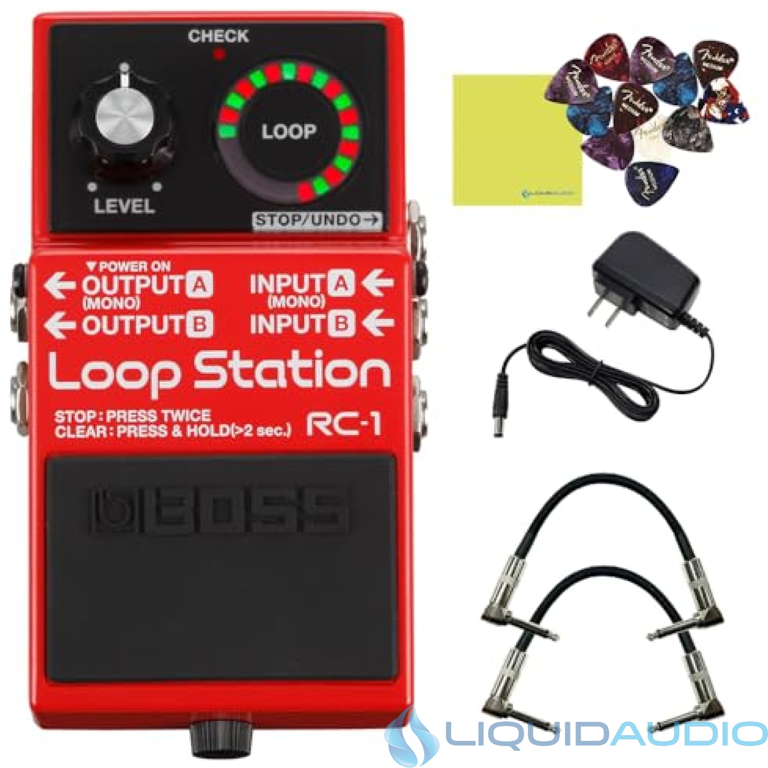 Boss RC-1 Loop Station Looper Pedal Bundle w/2x Strukture S6P48 Woven Right Angle Patch Cables, 12x Guitar Picks, 9V Power Adapter and Liquid Audio Polishing Cloth