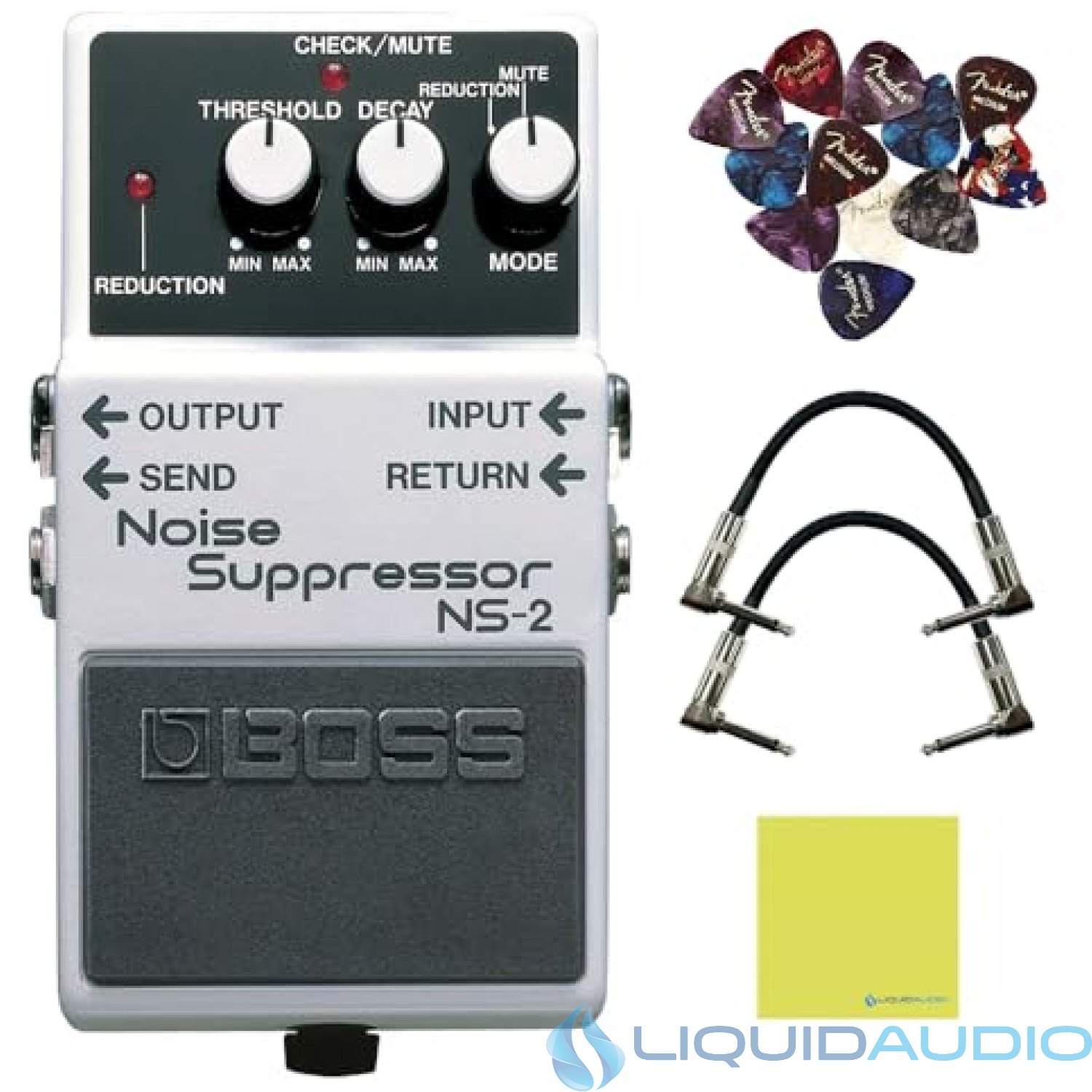Boss NS-2 Noise Supressor Pedal Bundle w/2x Strukture S6P48 Woven Right Angle Patch Cables, 12x Guitar Picks and Liquid Audio Polishing Cloth