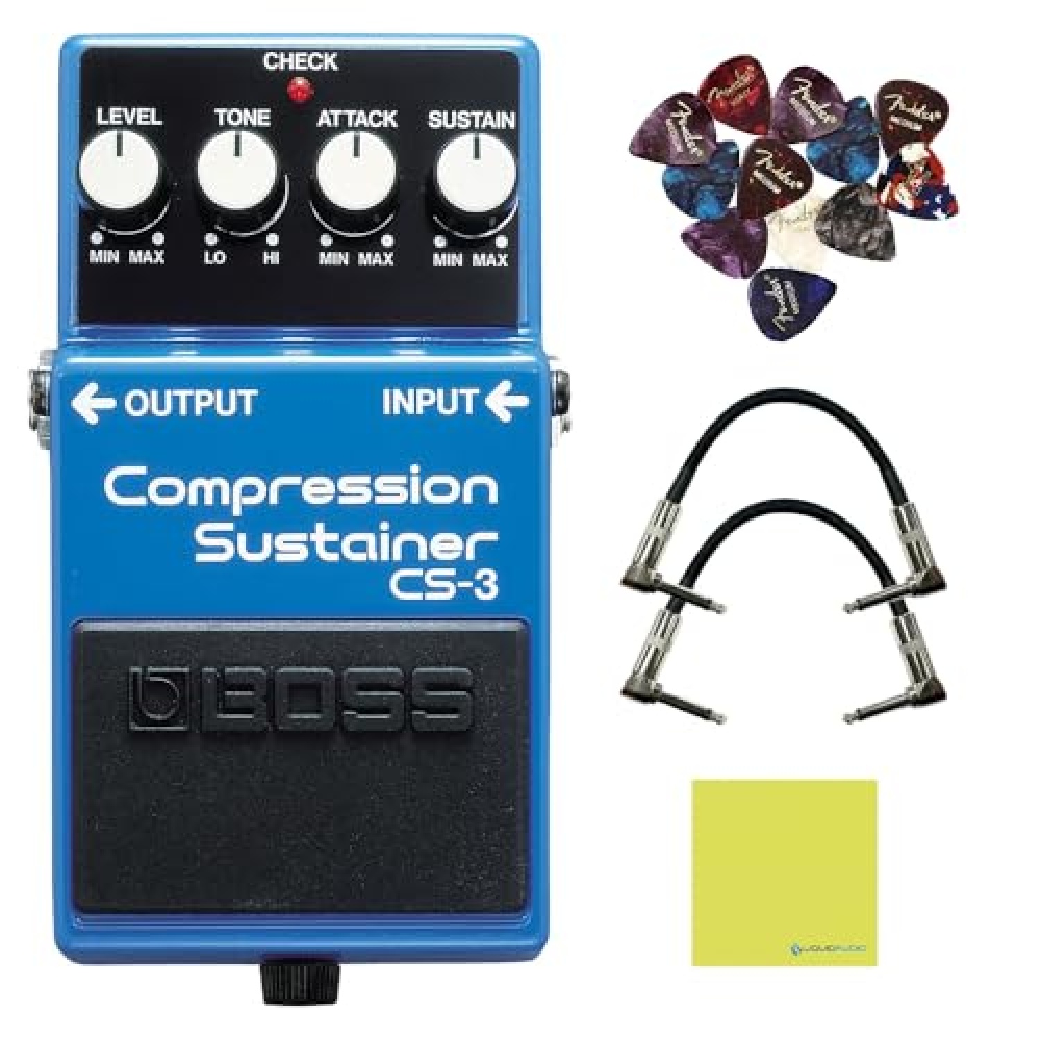 Boss CS-3 Compression Sustainer Pedal Bundle w/2x Strukture S6P48 Woven Right Angle Patch Cables, 12x Guitar Picks and Liquid Audio Polishing Cloth