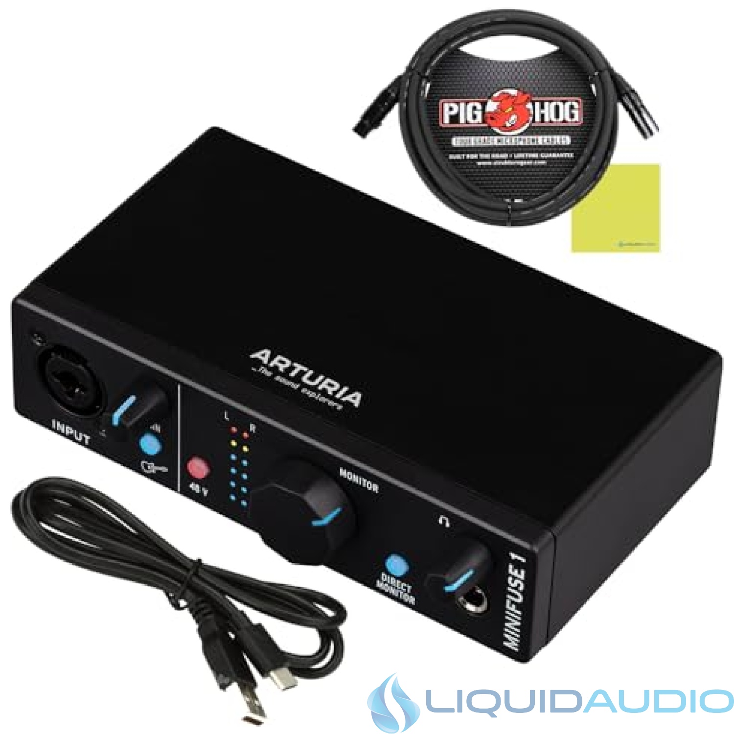 Arturia MiniFuse 1 Portable USB-C Audio Interface, Black w/Pig Hog PHM10 8mm XLR Microphone Cable and Liquid Audio Polishing Cloth