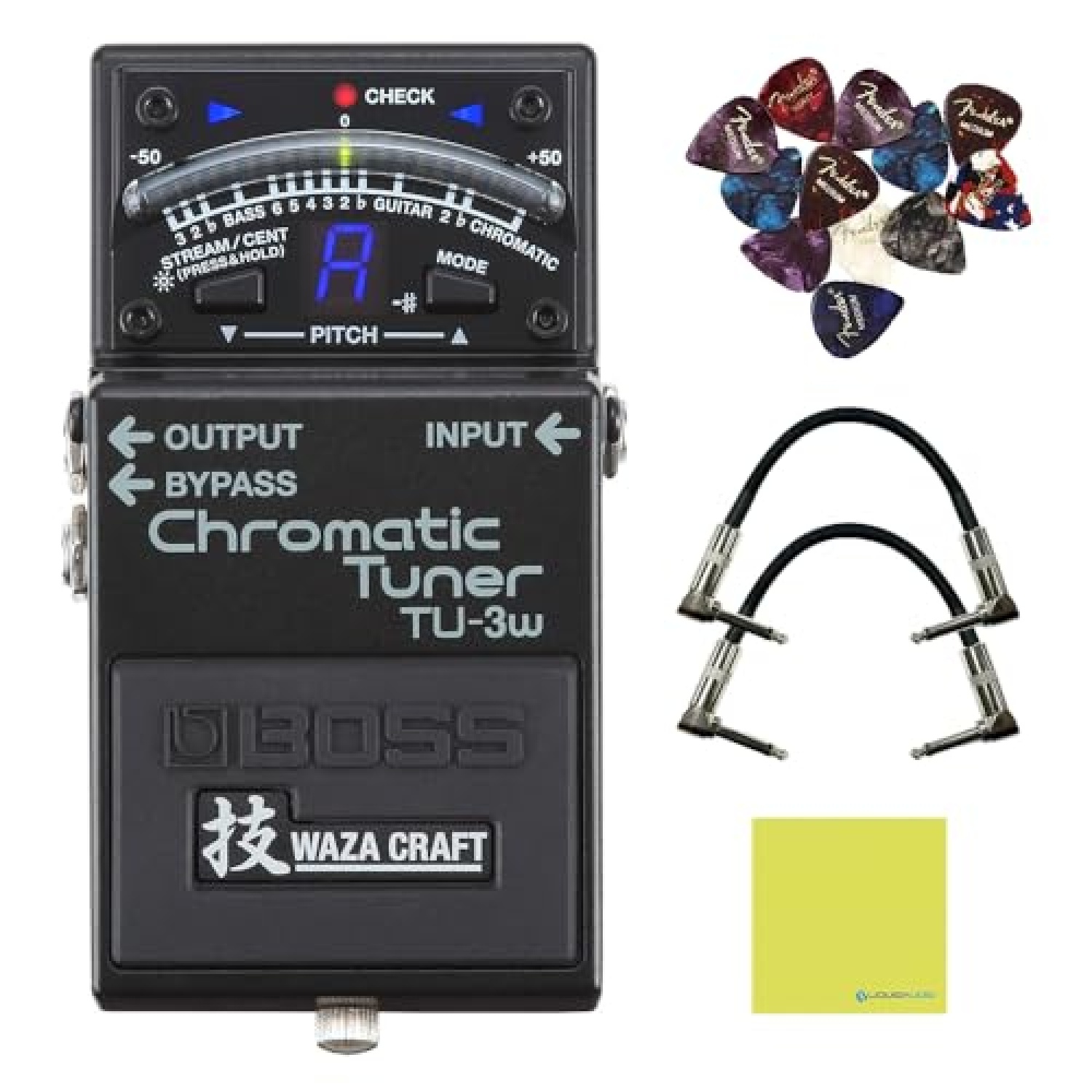 Boss TU-3W Waza Craft Chromatic Tuner with Bypass Bundle w/2x Strukture S6P48 Woven Right Angle Patch Cables, 12x Guitar Picks and Liquid Audio Polishing Cloth