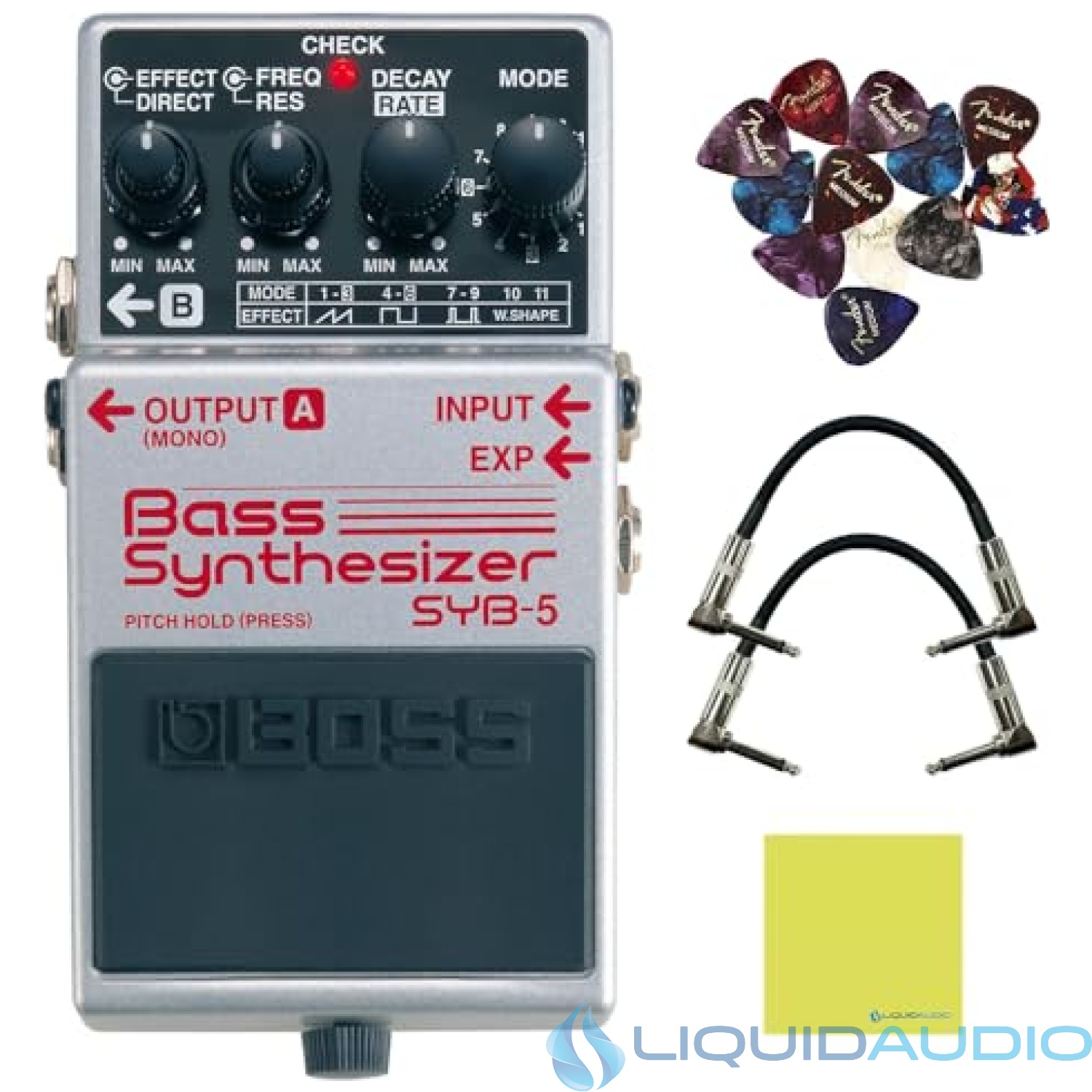 Boss SYB-5 Bass Synthesizer Pedal Bundle w/2x Strukture S6P48 Woven Right Angle Patch Cables, 12x Guitar Picks and Liquid Audio Polishing Cloth