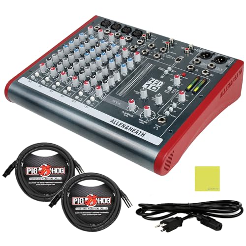 Allen & Heath ZED10 Multipurpose Mixer for Live Sound and Recording Bundle  w/ 2-Pack Pig Hog PHM15 8mm XLR Mic Cable, Power Cable & Liquid Audio 