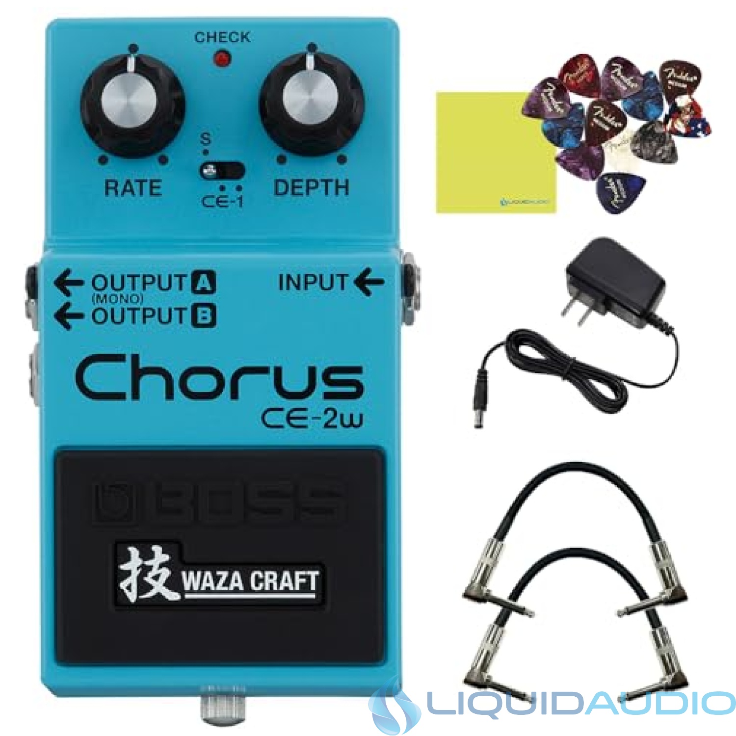 Boss CE-2W Waza Craft Chorus Pedal Bundle w/2x Strukture S6P48 Woven Right Angle Patch Cables, 12x Guitar Picks, 9V Power Adapter and Liquid Audio Polishing Cloth